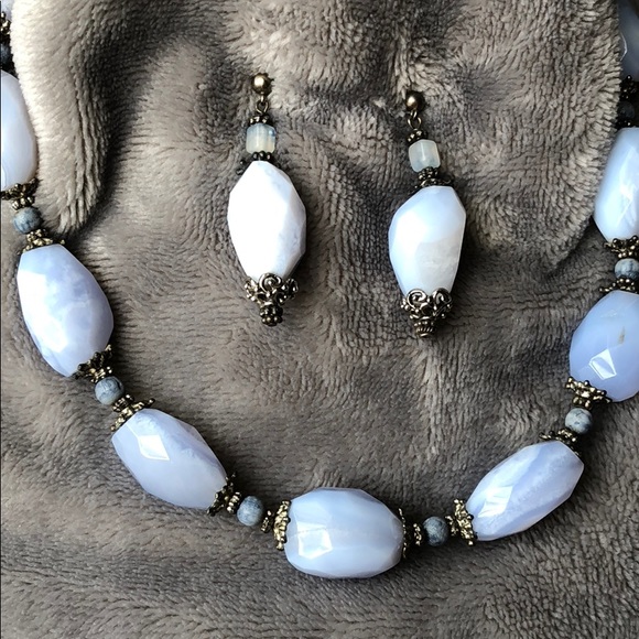 Blue Lace Agate Stone Sterling Necklace/Earrings - Picture 3 of 8